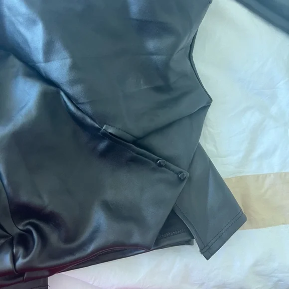 Black Faux Leather Long-Sleeve Side-Slit Top and matching shorts - Picture 3 of 4